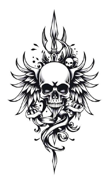 Intricate Handdrawn Illustration Skull with Wings Spear Flourishes